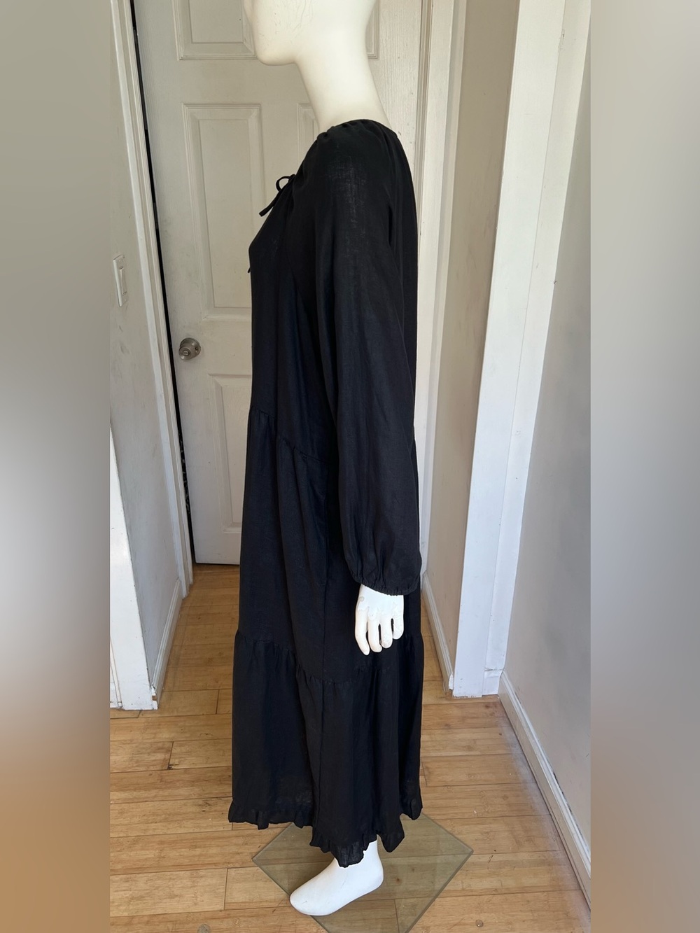 J. Crew 100% Linen Tiered Black Maxi Dress Size L/XL NWT Pockets Coastal Peasant - Picture 8 of 13